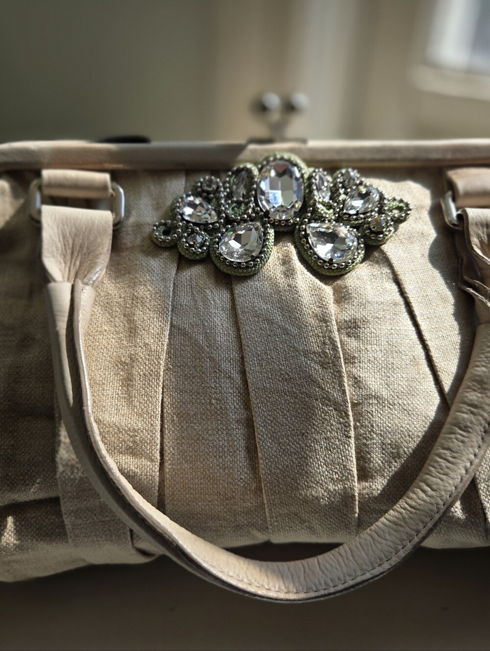 Elegant Beige Embellished Women’s Handbag- Made In England